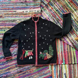 Coldwater Creek Women's Zip Up XL Christmas Sweater, Skiing, Trees, Woody Wagon,